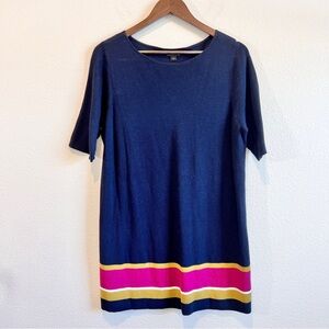 J.Jill Wearever Collection Navy Knit Tunic Dress L Pink Stripe Mod Retro Fall